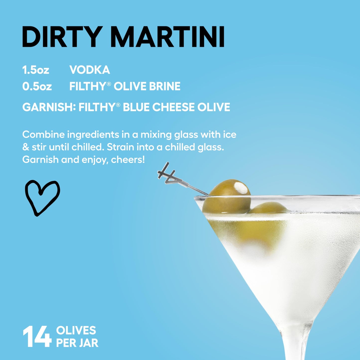 Filthy Food Blue Cheese Stuffed Olives, Premium Cocktail Garnish, 8.5 Oz Jar, Naturally Cured Queen Olives