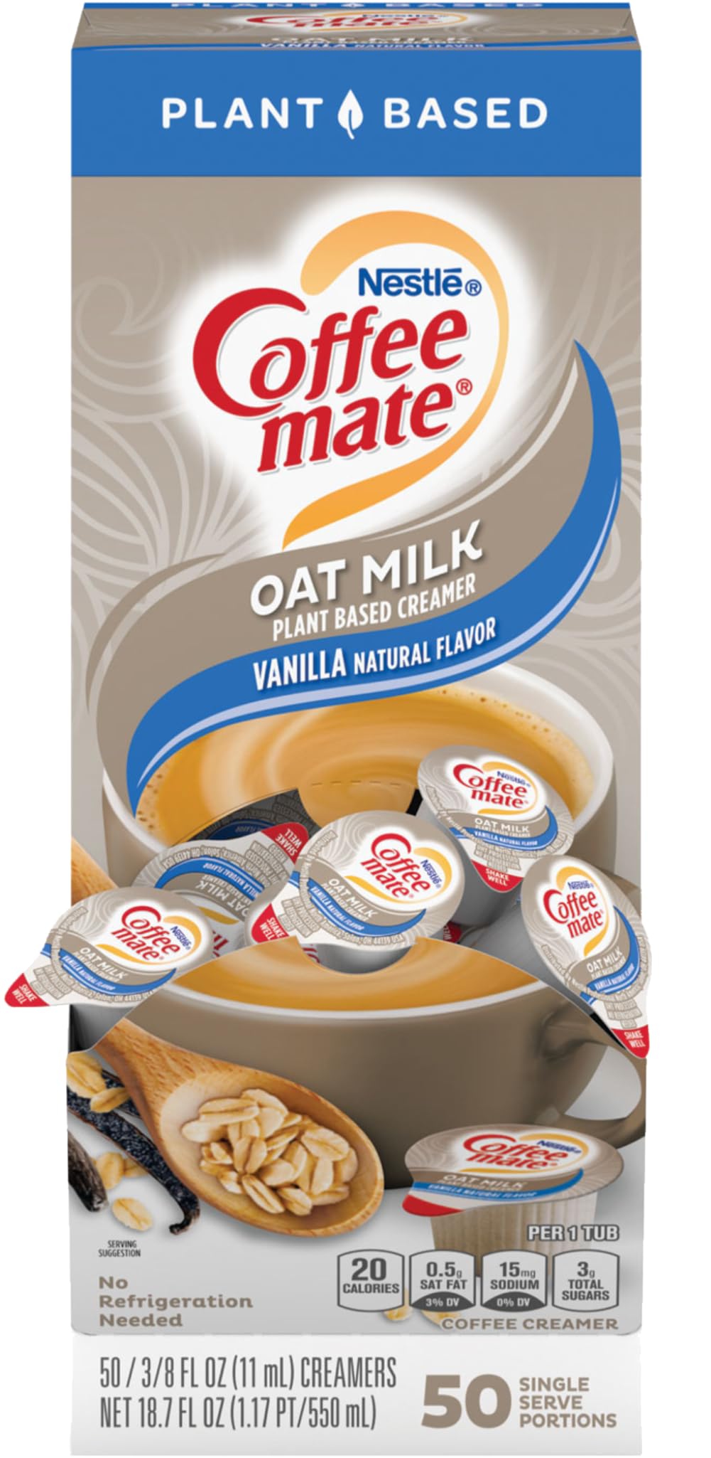 Nestle Coffee mate Vanilla Flavored Oat Milk Creamer Singles, 50 Ct Box, 18.75 Fl Oz - Plant Based Coffee Creamer with Scoop