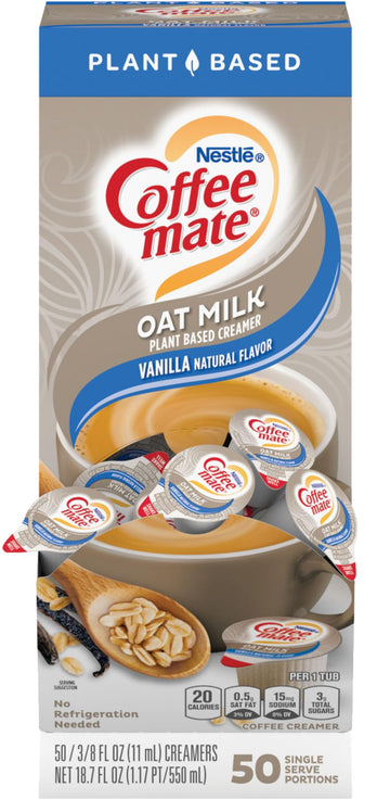 Nestle Coffee mate Vanilla Flavored Oat Milk Creamer Singles, 50 Ct Box, 18.75 Fl Oz - Plant Based Coffee Creamer with Scoop