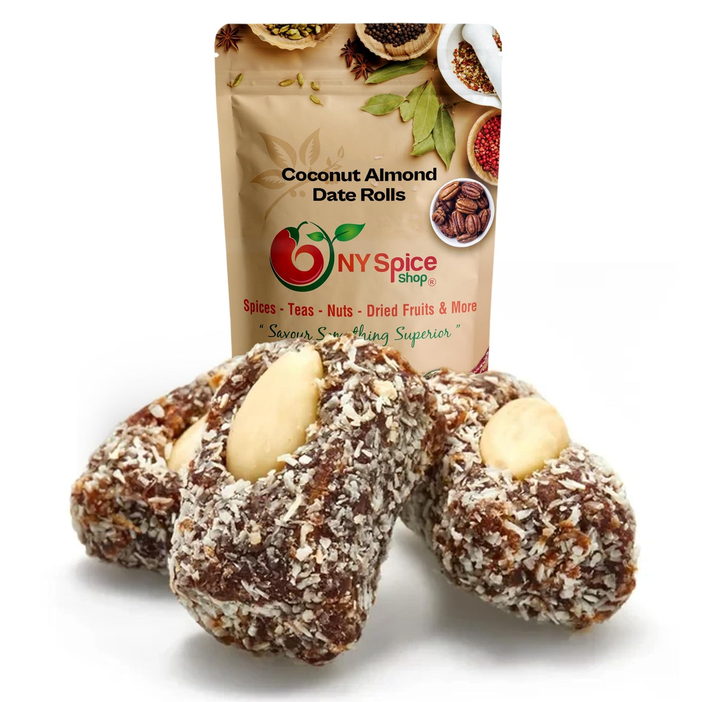 Ny Spice Shop Dried Coconut Dates - 1 Pound Coconut Almond Date Rolls - Sweet Fruit Almond Dried Dates - Coconut And Almond Fresh Dates - Good Source Of Fiber Healthy Chewy Dry Dates