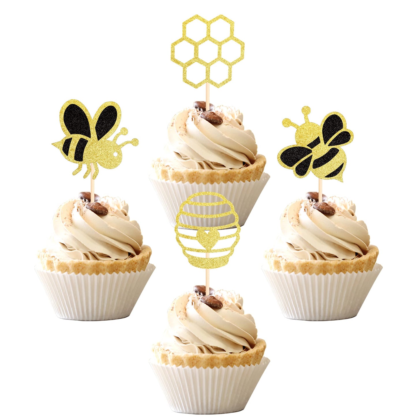 36 Pcs Bumble Bee Cupcake Toppers Glitter Bee Gender Reveal Honeycomb Cupcake Picks Baby Shower Birthday Party Cake Decorations
