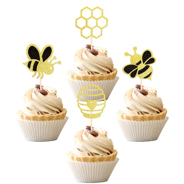 36 Pcs Bumble Bee Cupcake Toppers Glitter Bee Gender Reveal Honeycomb Cupcake Picks Baby Shower Birthday Party Cake Decorations