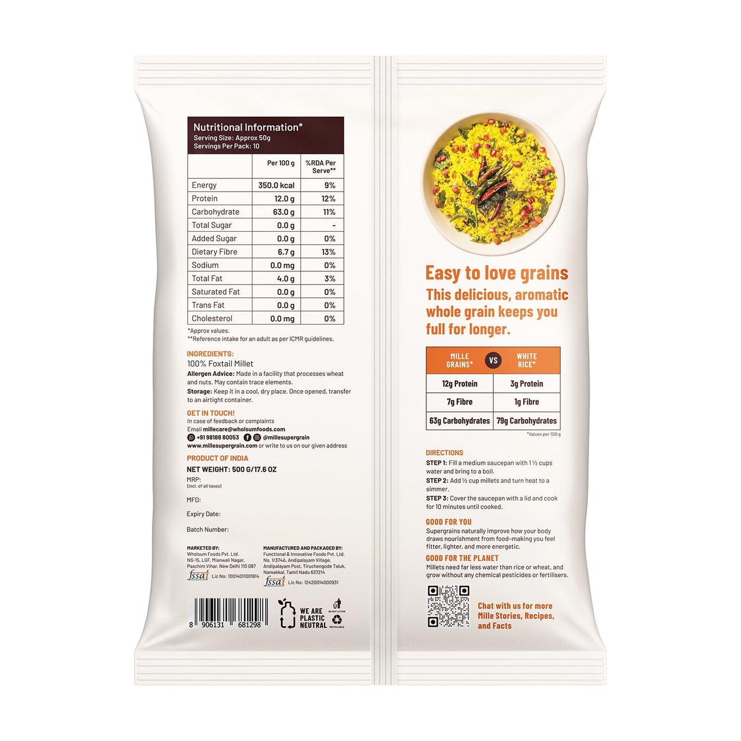 Mille Foxtail Millet Whole Grain | Kangani | Gluten Free | No Chemicals | High Plant Protein And Fibre | Biryani, Lemon, Puliyog