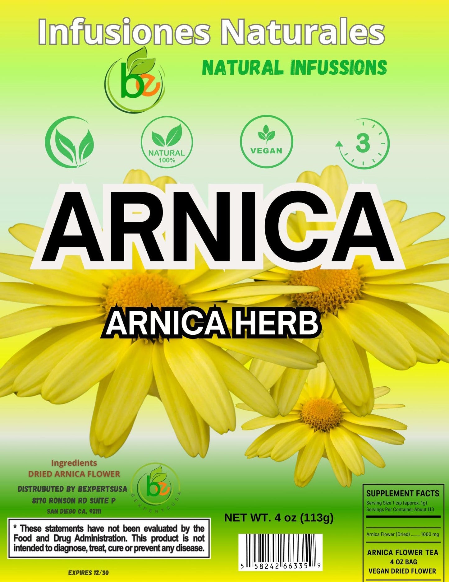 BEXPERTSUSA Arnica Flor Herbal Tea Loose Leaf 4 oz - Caffeine-Free, Non-GMO, Vegan, Wildcrafted from Mexico with Stainless Steel Infuser