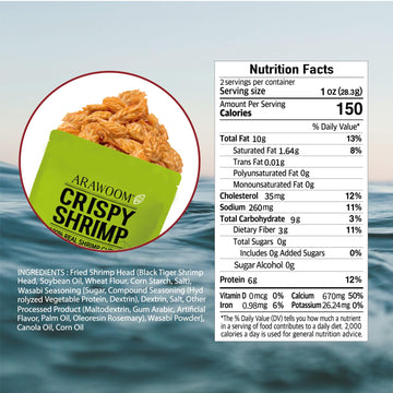 Arawoom - Real Crispy Shrimp Cheek Snack - 100% Real Black Tiger Shrimp [2 Ounce (Pack Of 3)] - Wasabi Flavors - Crunchy Treat F