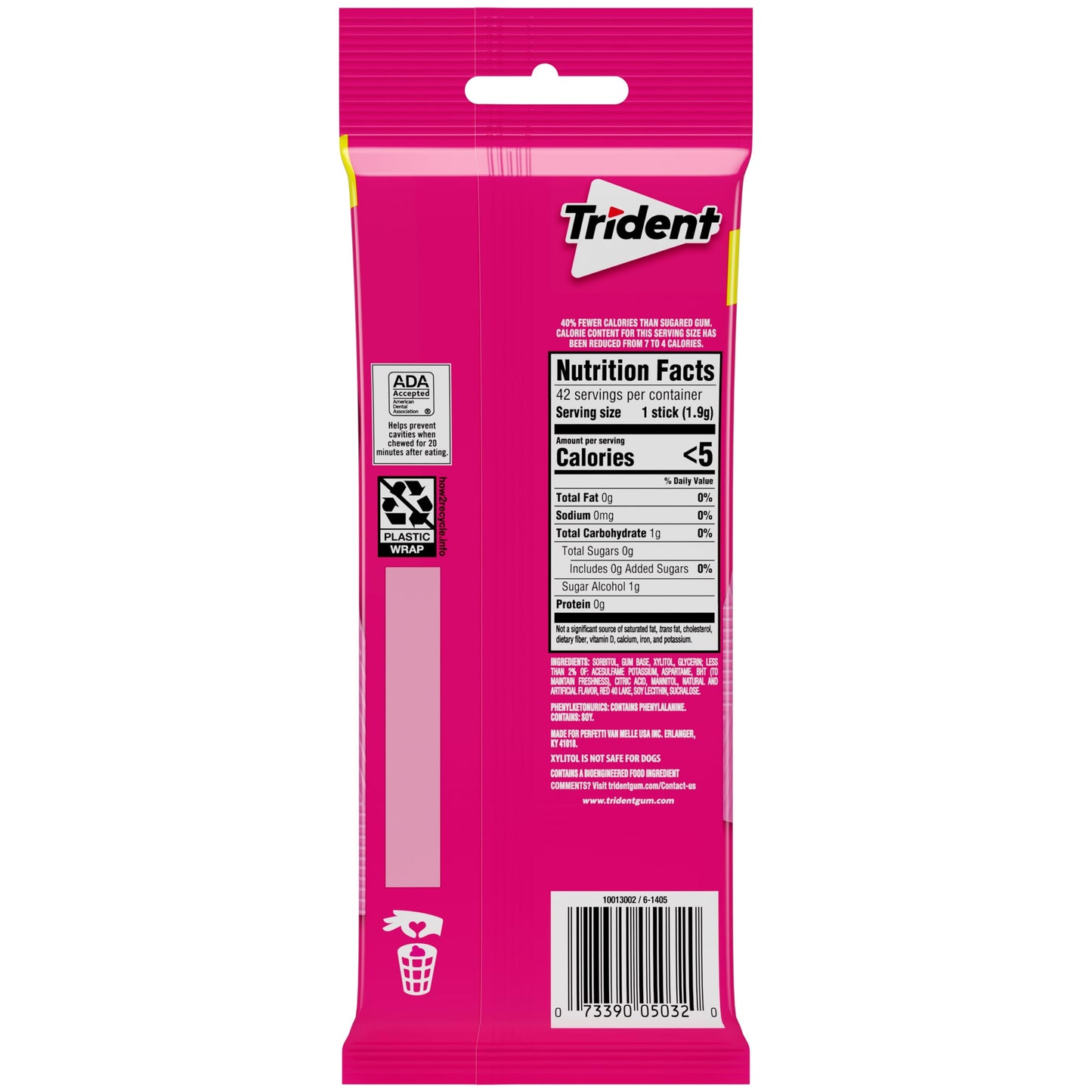 Trident Sugar-Free Chewing Gum, 3 Packs of 14 Pieces, White, Model 00012546011518