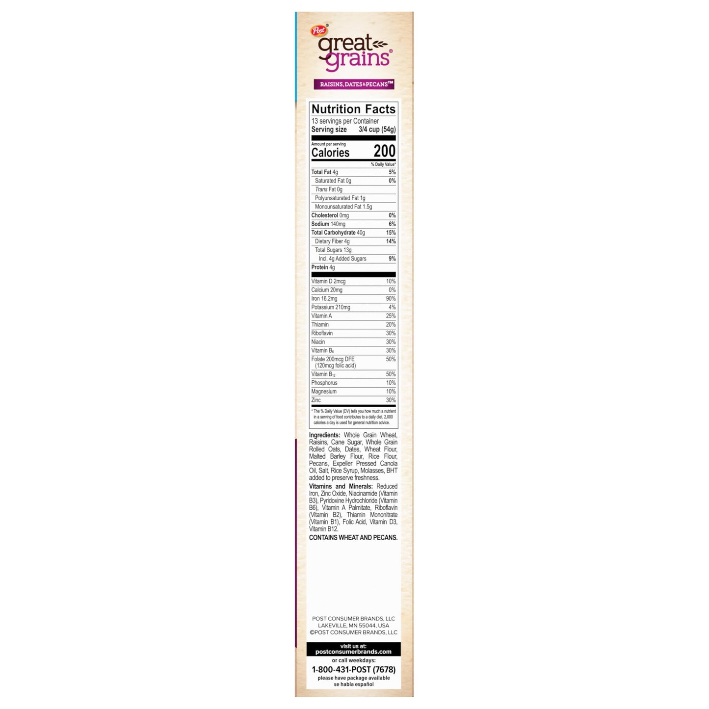 Great Grains Raisins Dates & Pecans Breakfast Cereal  Crunchy Clusters with Sweet Fruit and Whole Grains  Non-GMO  25 oz Box