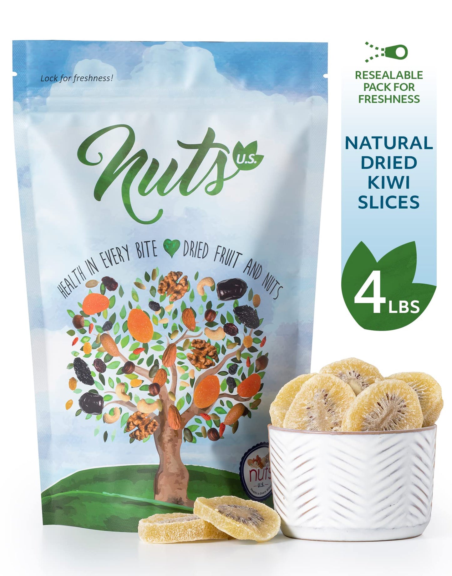 Nuts U.S. - Dried Kiwi Slices | No Artificial Colors | Non-Gmo | Gluten Free | 100% Natural | Packed In A Resealable Bag!!! (4 L