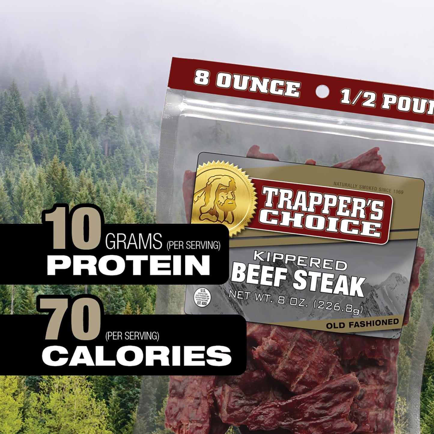 Old Trapper, Trappers Choice Kippered Steak, Old-Fashioned Flavor, Eight-Ounce Individual Package, Savory Steak Pieces, 10 Grams