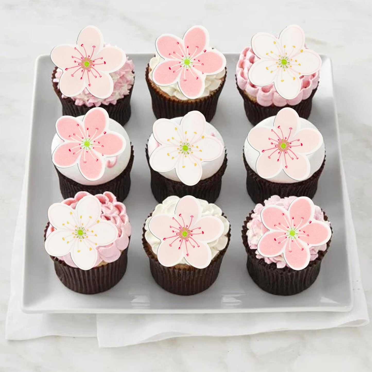 Gyufise 54Pcs Edible Flowers Cake Decorations Pink Edible Cherry Blossoms Cupcake Toppers Wafer Paper Flowers Cupcake Picks For