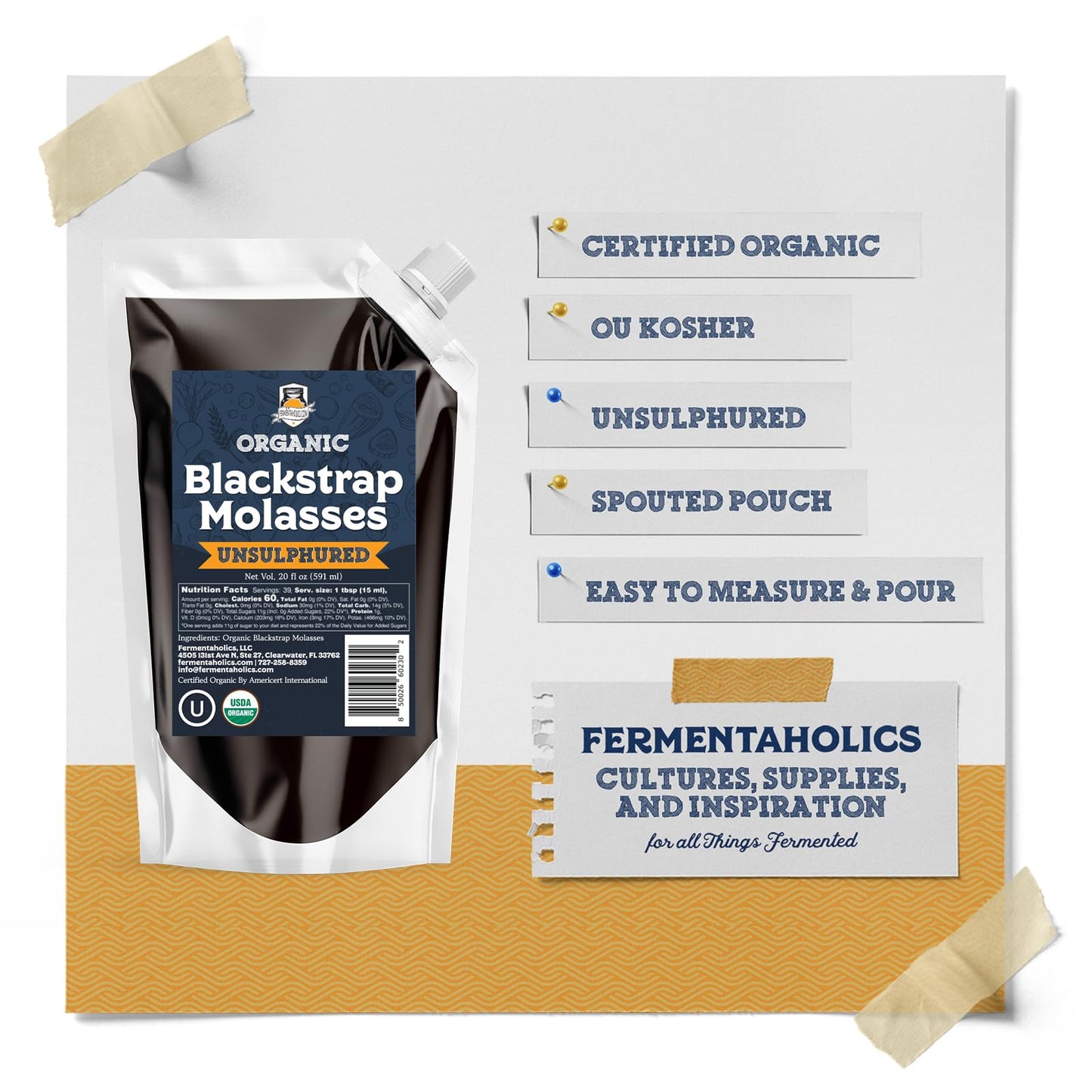 Fermentaholics Organic Unsulphured Blackstrap Molasses | 20 Oz Pouch | OU Kosher & Unsulfured | Spouted Pouch for Easy Measuring