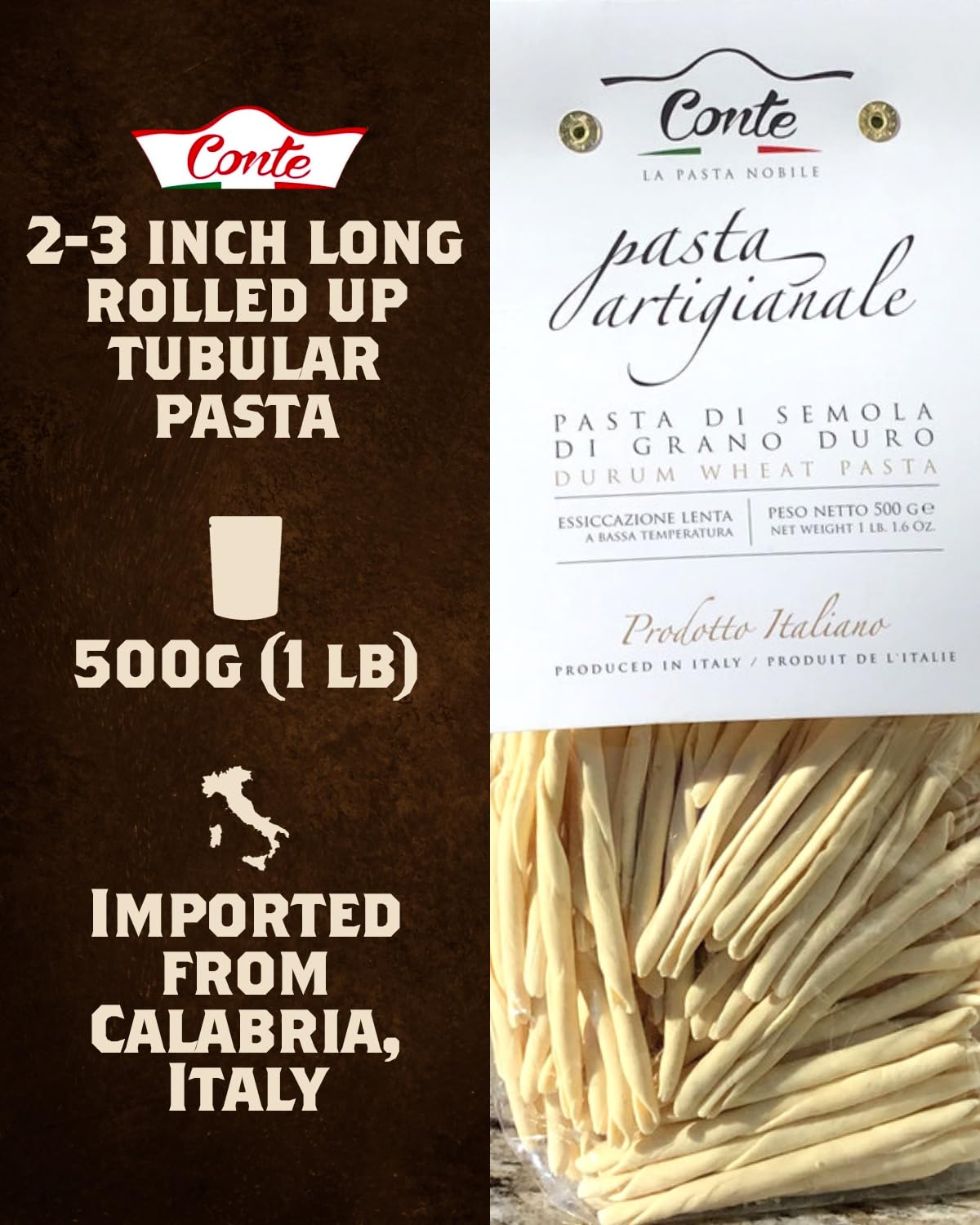 Conte Maccheroni Calabrese Pasta - Artisanal Duspirit-inspired flavor Wheat Blend, 500g (17.6 oz) - Imported from Italy, High Protein, Tubular Shape