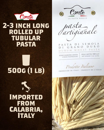 Conte Maccheroni Calabrese Pasta - Artisanal Duspirit-inspired flavor Wheat Blend, 500g (17.6 oz) - Imported from Italy, High Protein, Tubular Shape