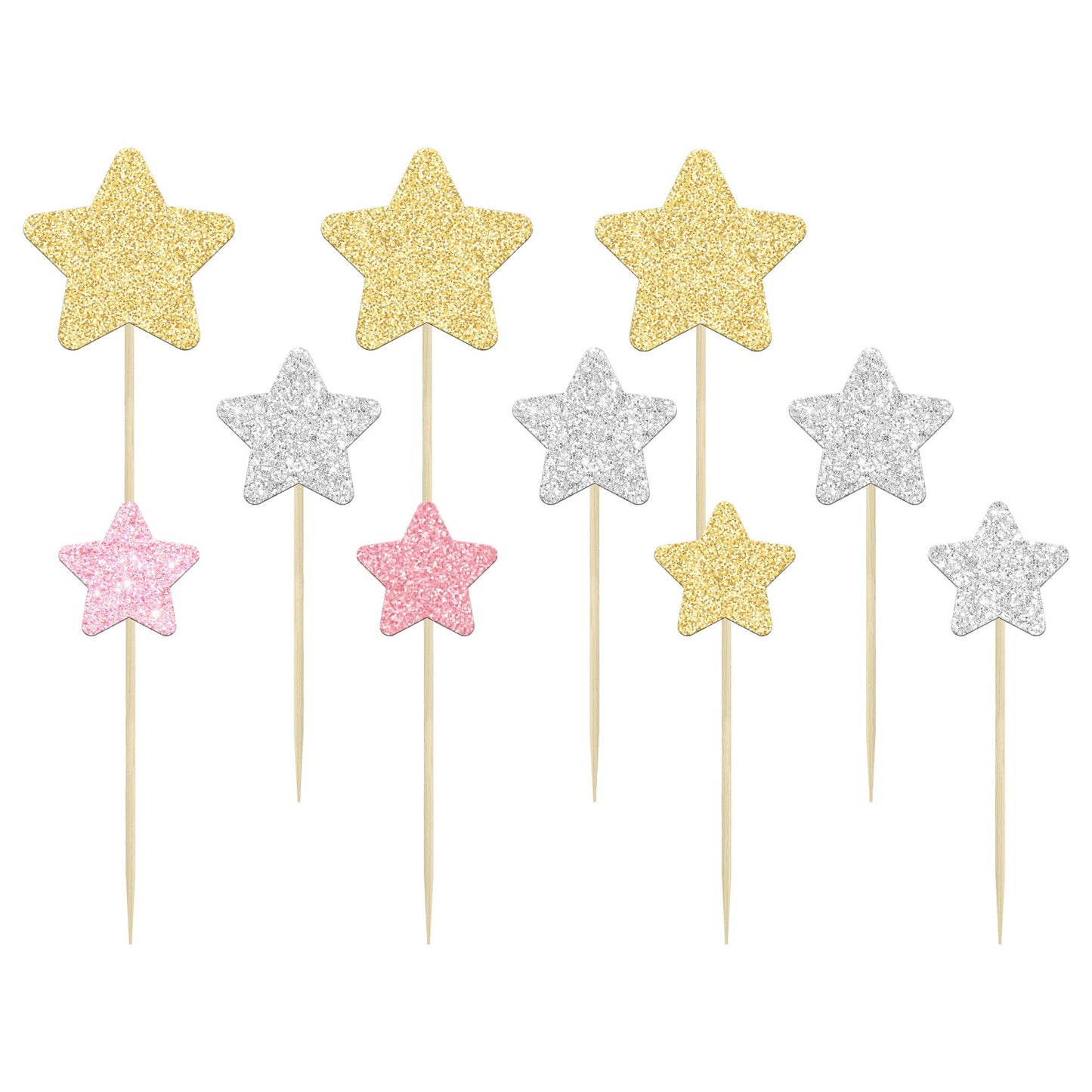 Gyufise 42Pcs Star Cupcake Toppers Gold Silver Pink Glitter Assembled Twinkle Star Cupcake Picks Wedding Engagement Bridal Showe