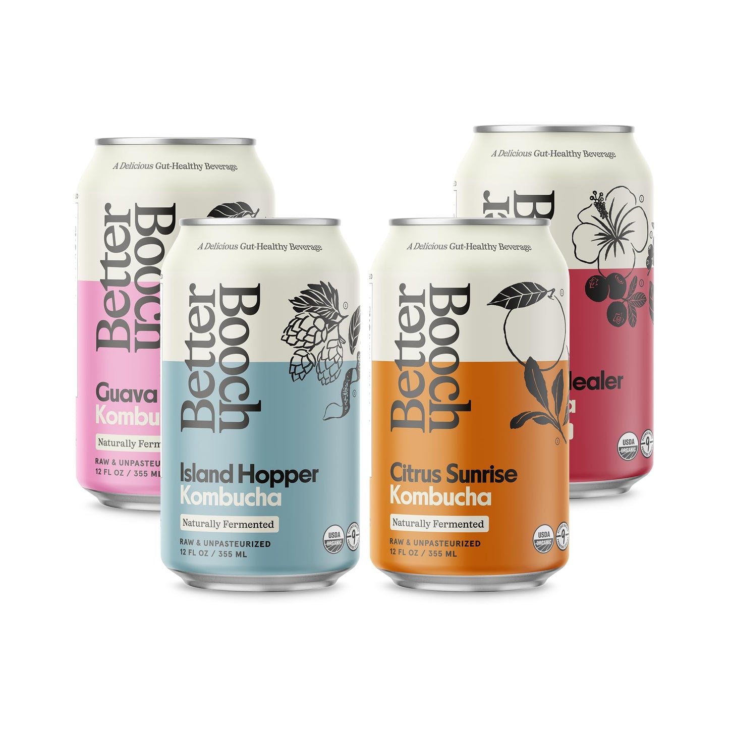 Better Booch Organic Kombucha - Probiotic & Antioxidant Rich Raw Sparkling Tea - Low Sugar, Vegan, Gluten Free - Gut Healthy Active Cultures, 12 Fl Oz Cans, 12-Pack (Tropical Variety Pack)