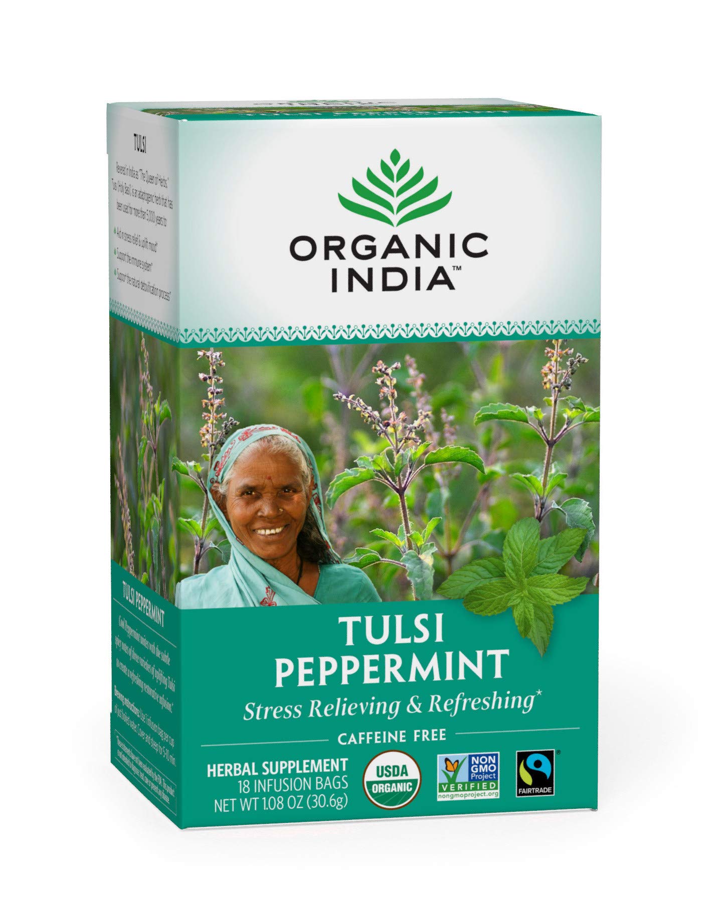 ORGANIC INDIA Tulsi Peppermint Herbal Tea - Stress Relieving, Immune Support - 18 Count (Pack of 1)