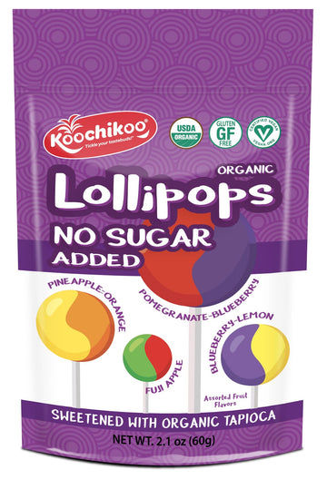 Koochikoo Organic & Sugar Free Lollipops Pouch, Assorted Fruit Flavors, No Sugar Added, Gluten Free & Vegan (10 Count (Pack Of 3