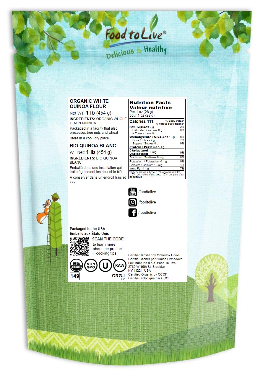 Food to Live Organic White Quinoa Flour, 1 Pound - Non-GMO, Fine Ground Whole Grains, Vegan Meal, Kosher, Bulk Powder. Good Sour
