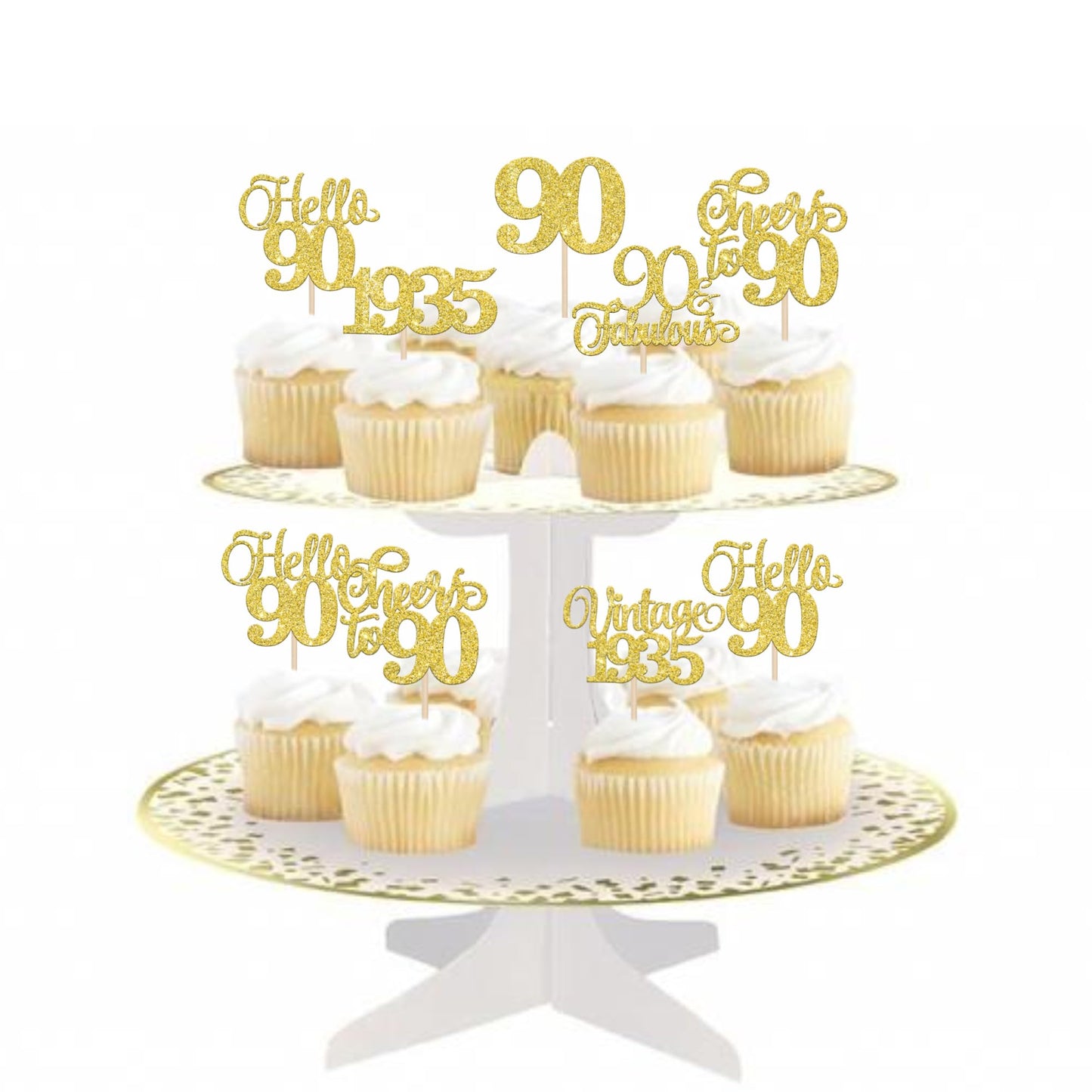 Rssta i 24 Pack Gold Glitter 90th Birthday Cupcake Toppers for Party Decorations