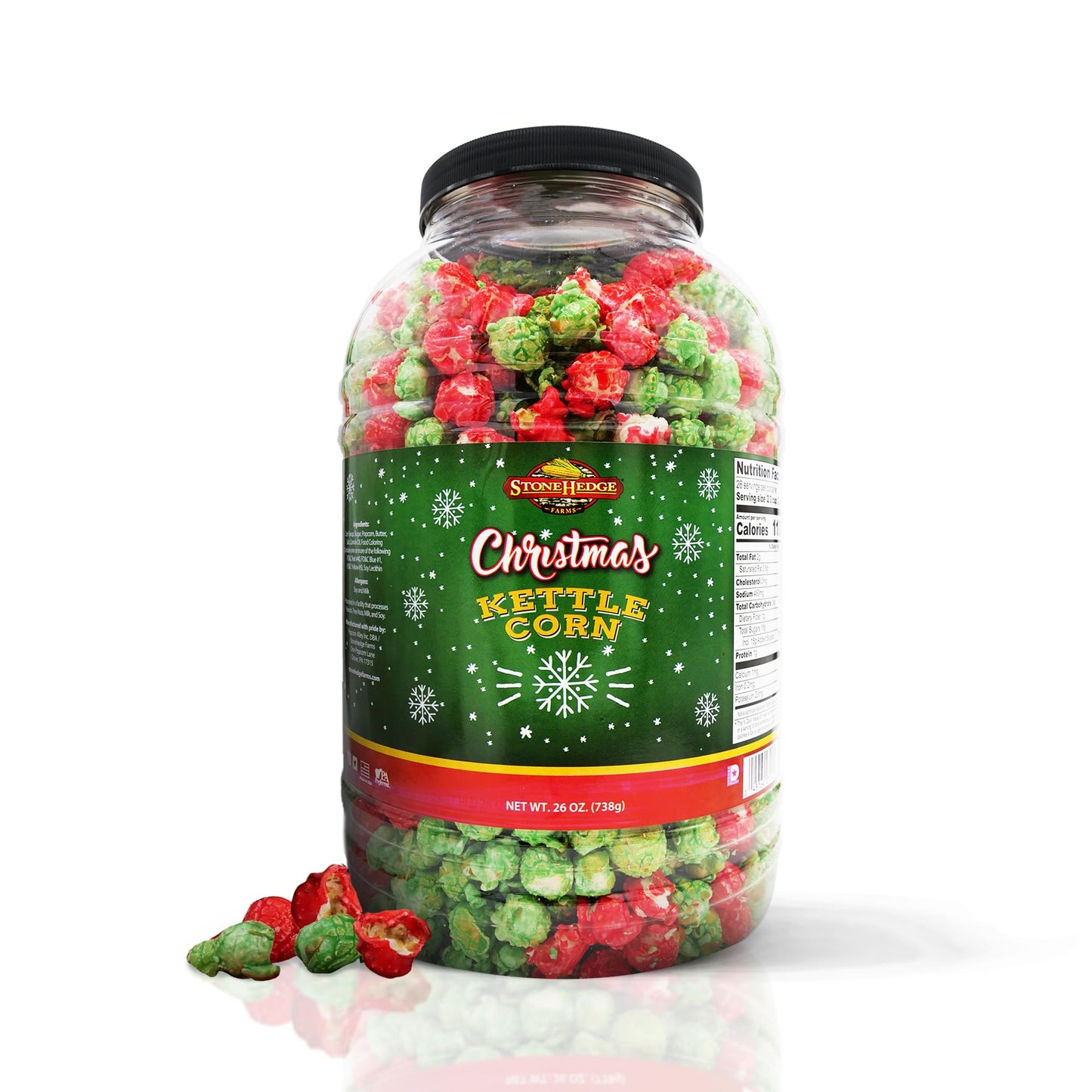 Stonehedge Farms Christmas Kettle Corn - 26 Ounce Barrel - Deliciously Old Fashioned - Red, And Green Popcorn