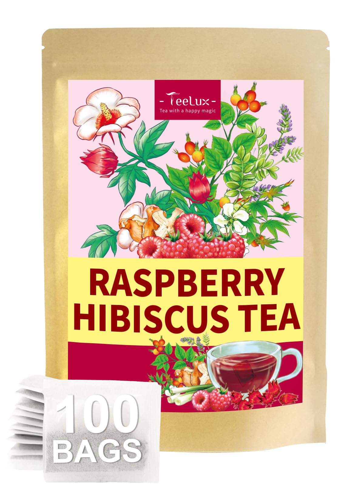Teelux Raspberry Hibiscus Tea Bags  Tart Hibiscus With Sweet Licorice & Refreshing Lemongrass  Tart & Sweet Flavor  Energy Blend Free  100 Count