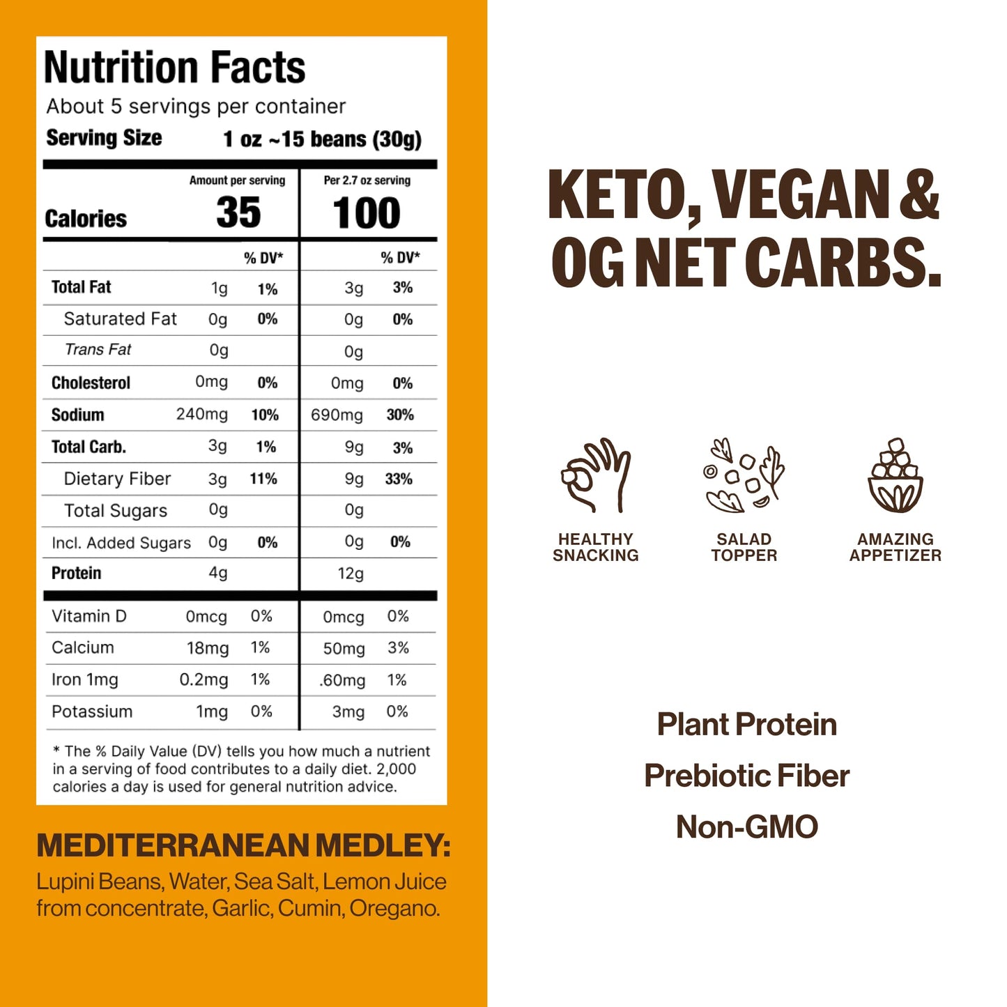 Brami Lupini Beans Snack, Mediterranean Medley | 7G Plant Based Protein, 0G Net Carbs | Vegan, Vegetarian, Keto, Non Perishable