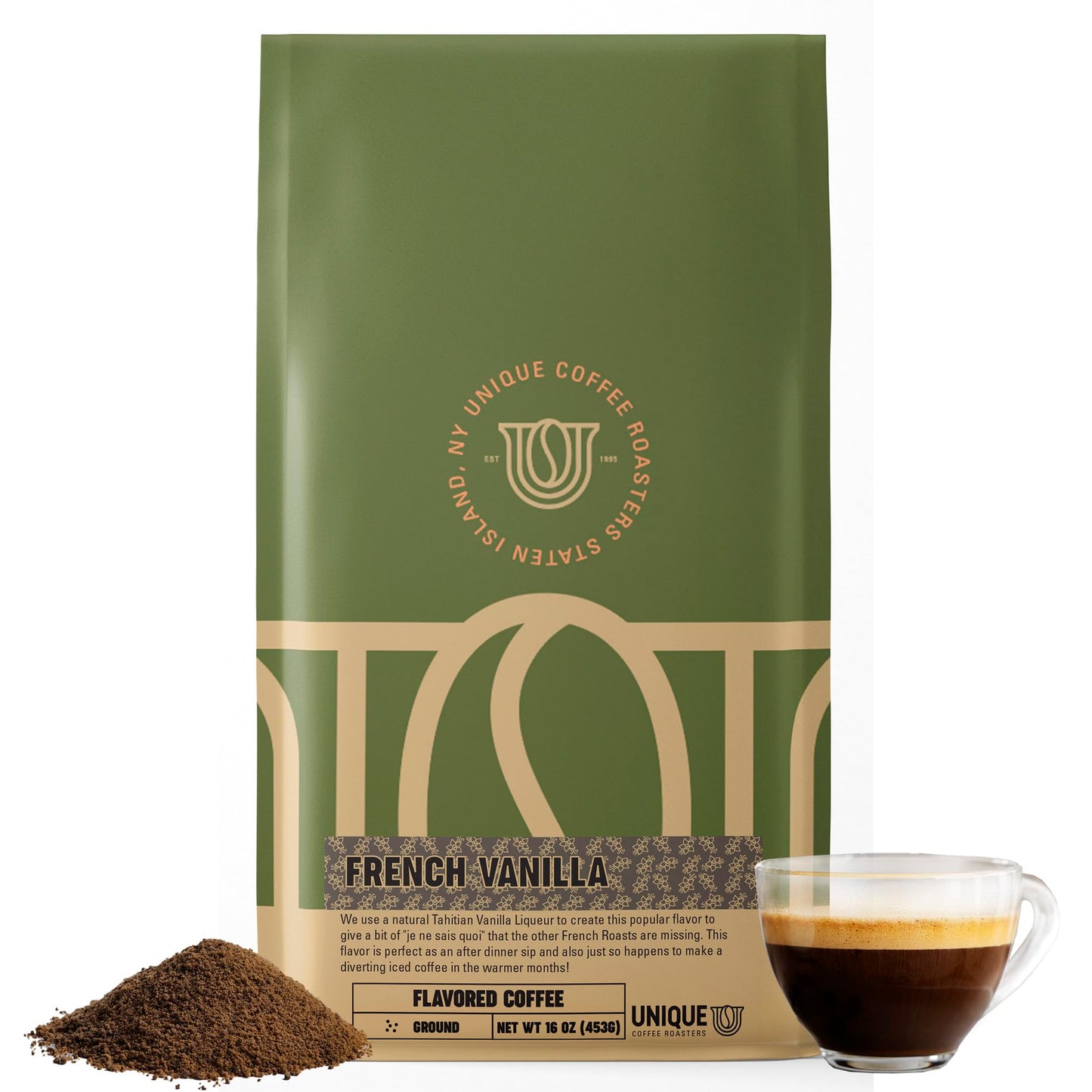 Gourmet French Vanilla Flavored Ground Coffee, 1 LB (16 oz) bag, Medium Roast, 100% Arabica enhanced Quality Flavor