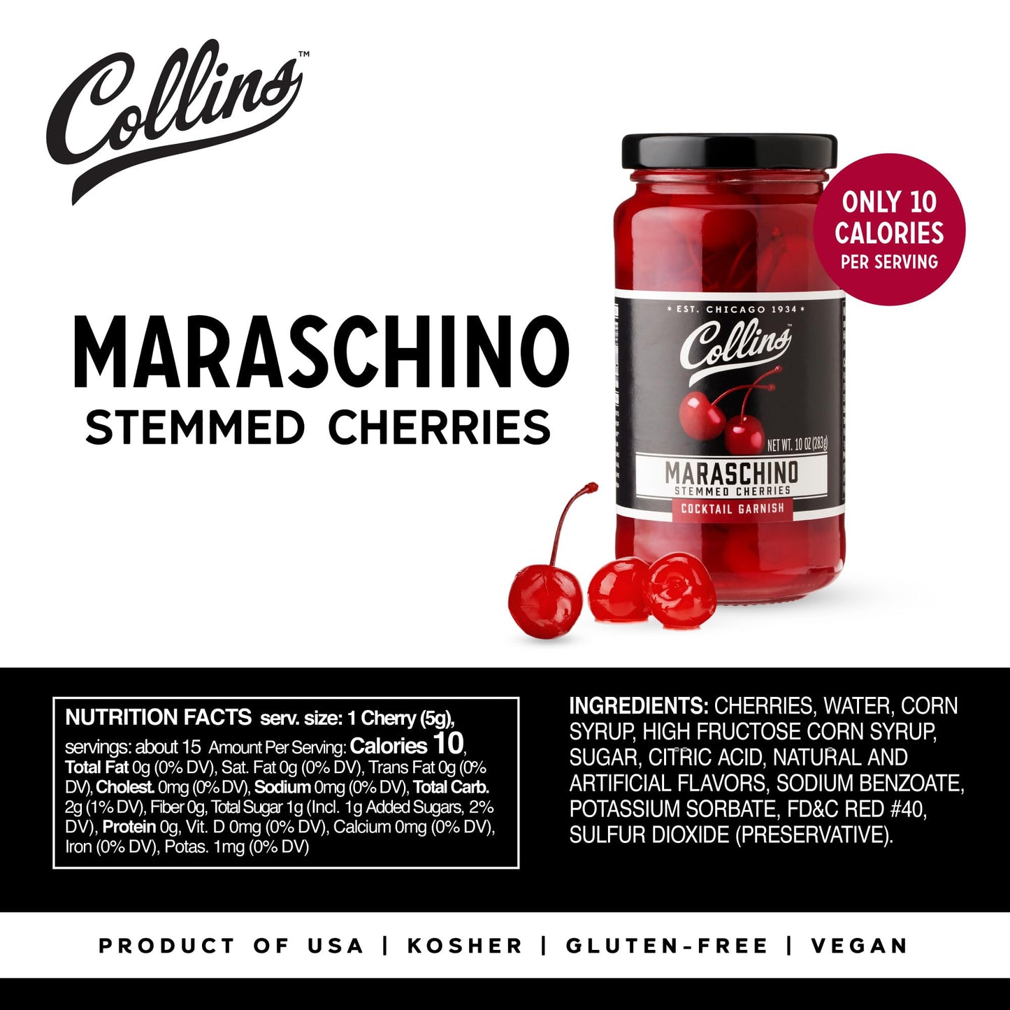 Collins Stemmed Maraschino Cocktail Cherries - Royal Anne Cherries Garnish For Cocktails, Manhattan And Old Fashioned Mix, 10Oz