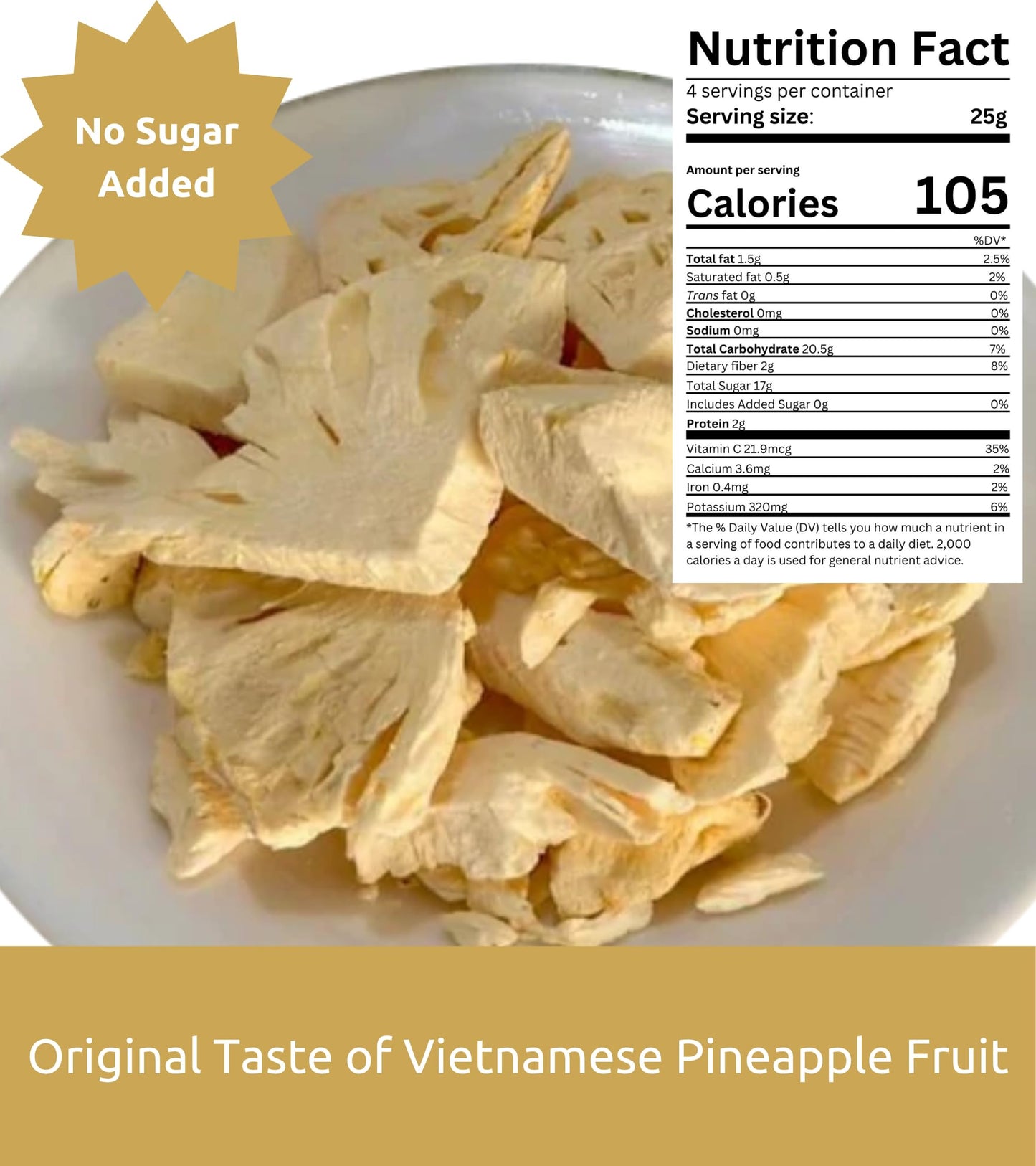 KAMVIVA Vietnams Freeze Dried Pineapple Fruit, 100g/3.5 Oz, 100% Natural, Pineapple Chunks, Bites, No Sugar Added, Non GMO, Glu