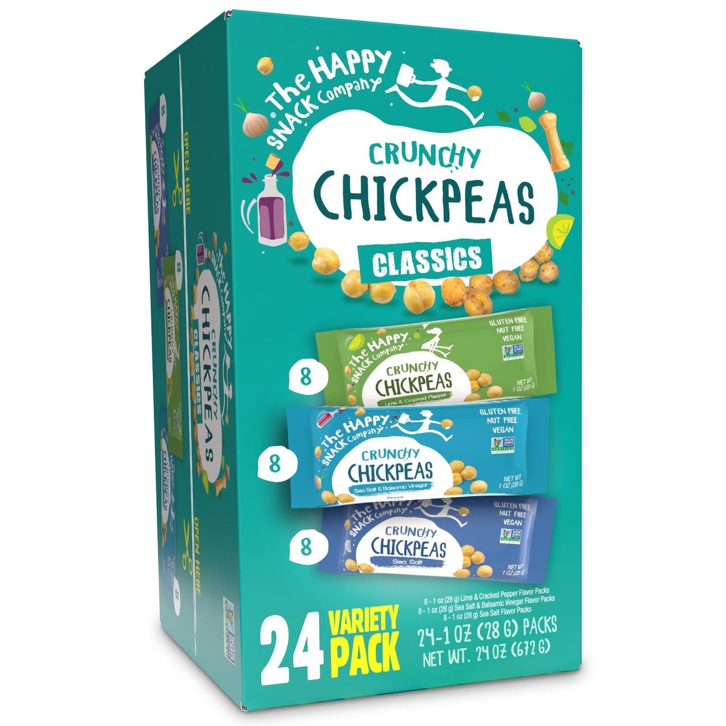Happy Snack Company Crunchy Chickpeas Classics Variety Pack (Pack of 24 1oz) Classic Sea Salt x 8 Lime & Cracked Pepper x8 Sea S