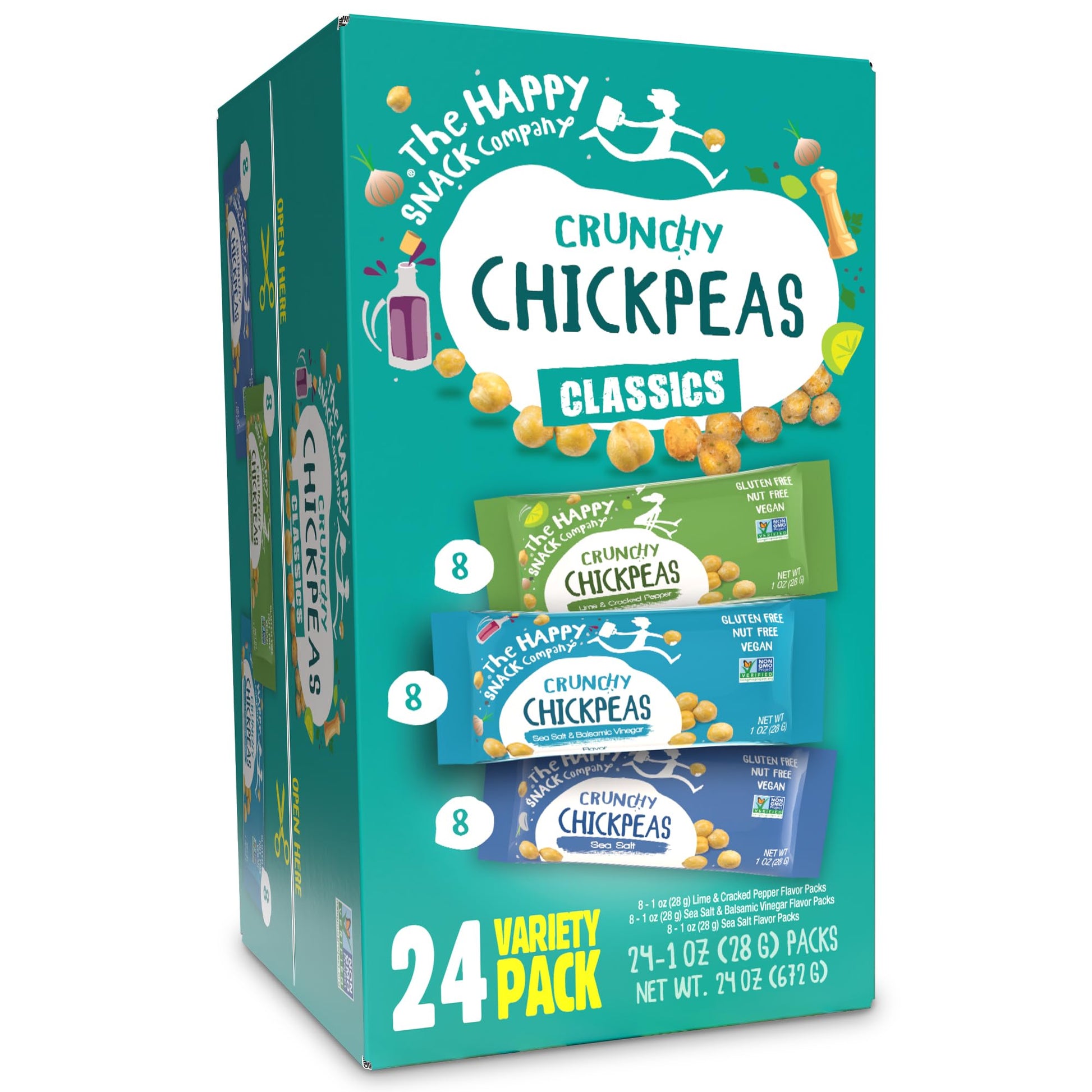Happy Snack Company Crunchy Chickpeas Classics Variety Pack (Pack of 24 1oz) Classic Sea Salt x 8 Lime & Cracked Pepper x8 Sea S