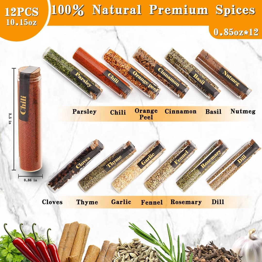 12Pcs Herbs Seasoning Spice Gift Set - Complete Starter Spices Seasonings Glass Tubes Gift Set For Men & Women, Cooking Variety