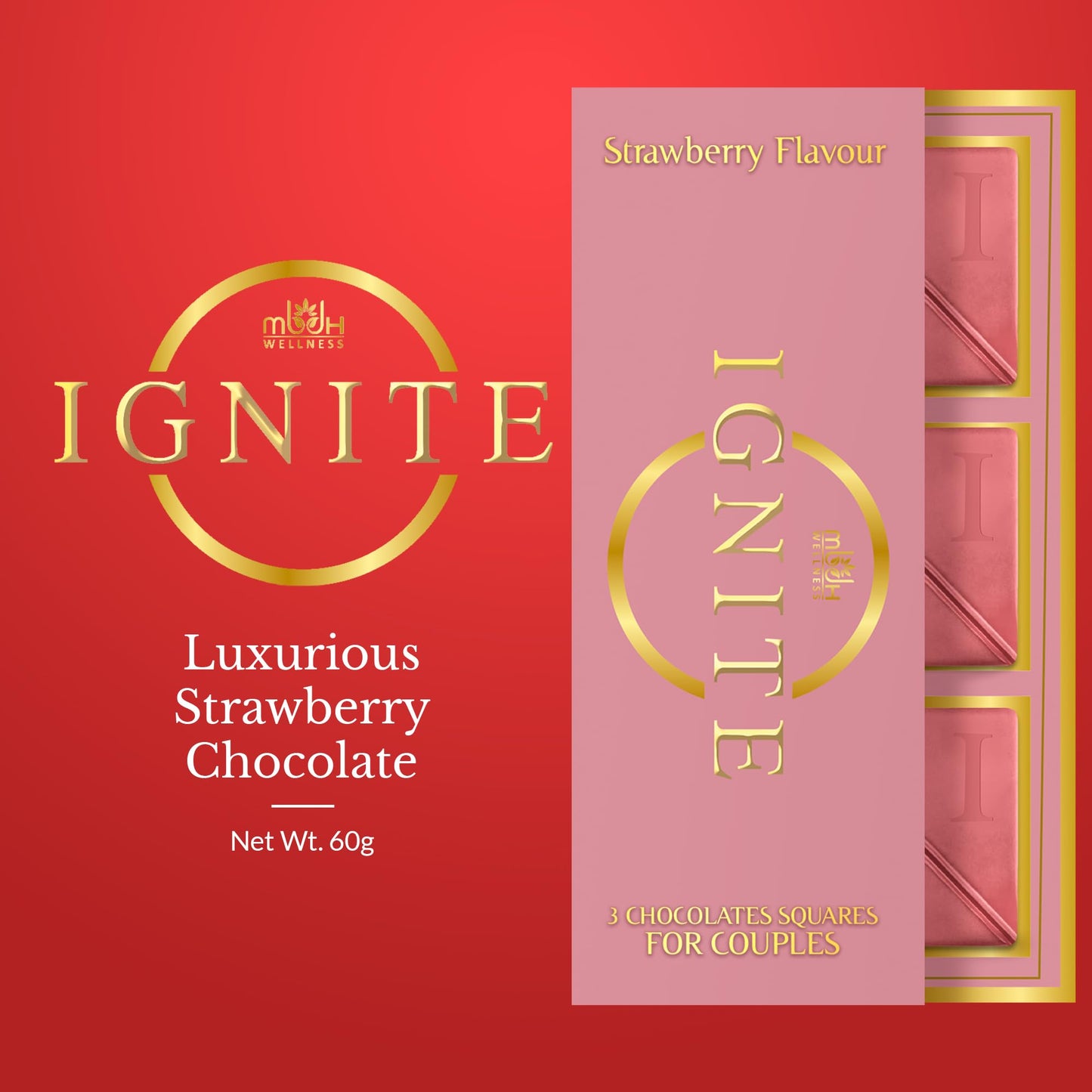 Ignite Chocolate Bars - Enhanced Strawberry Flavor Chocolate Squares For Couples - 60% Cocoa, Vegetarian - Crafted With Selected Ingredients For A Delightful Experience - Ideal For Men & Women