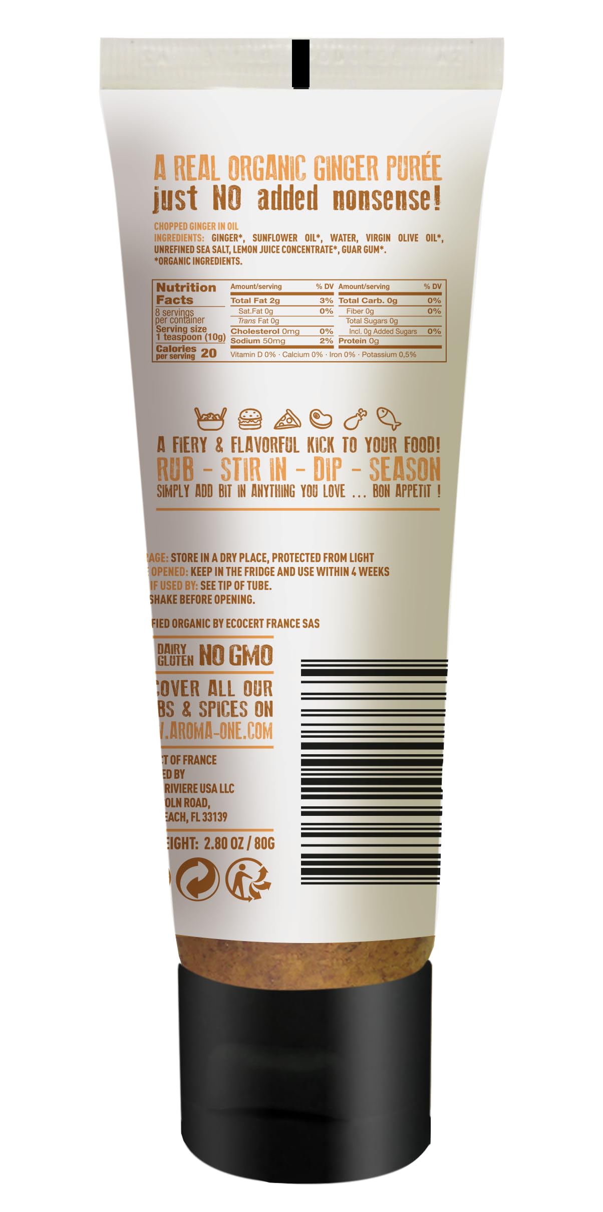 Aroma One Ginger Puree Paste - Organic Herb Concentrate For Cooking, Seasoning & Sauces - Fresh Flavor Enhancer, Non-Gmo, Gluten