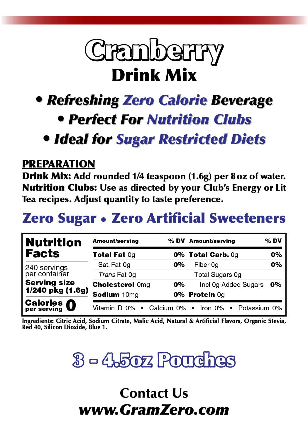 GramZero Cranberry Zero Calorie Sugar Free Drink Mix, Great For Nutrition Club Loaded Tea, Stevia Sweetened