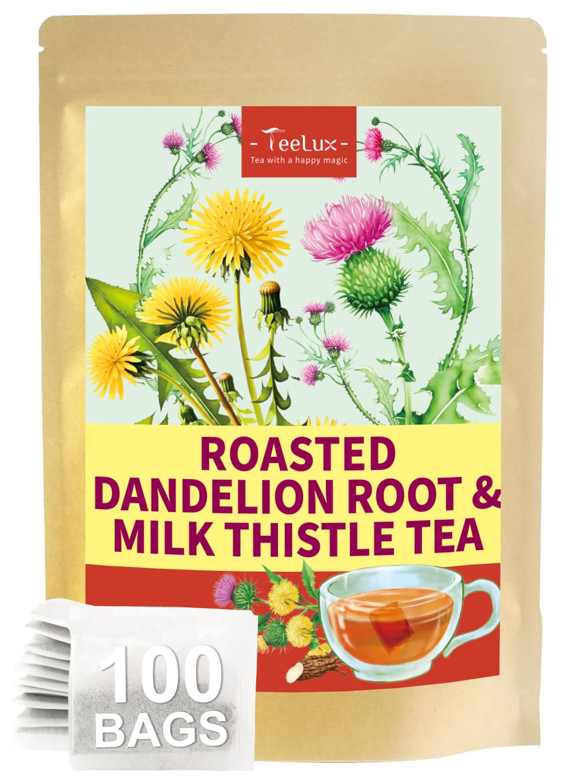 Teelux Roasted Dandelion Root Tea With Milk Thistle  Smooth & Mellow Flavor  Rich Roasted Aroma  Energy Blend Free  100 Count
