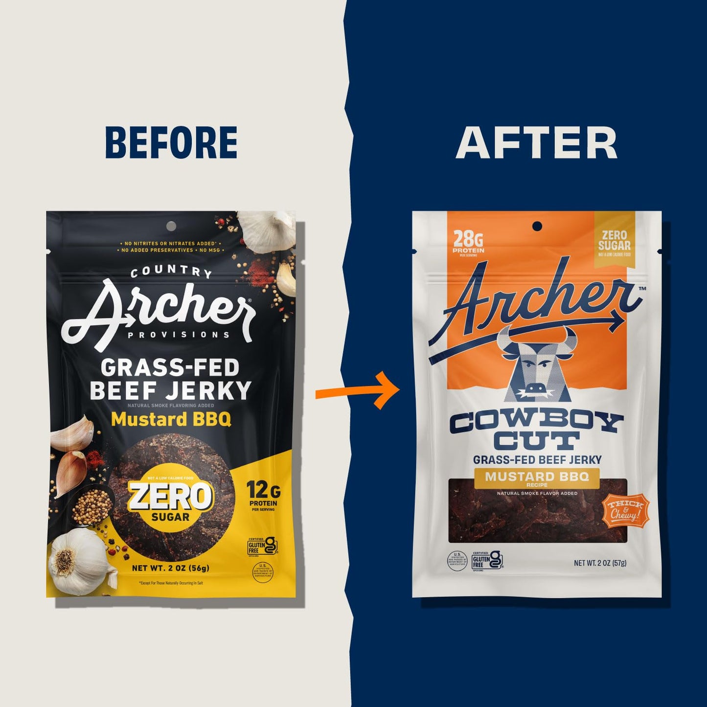 Country Archer Grass Fed Beef Jerky Mustard BBQ - Zero Sugar Beef Jerky, Sugar Free Beef Jerky Snack Pack, Mustard BBQ Beef Jerk