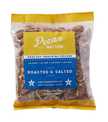 Pecan Nation Roasted & Salted Pecan Halves 16 oz., Natural, No preservatives, Antioxidant-Rich, Low Carb, Dry Roasted, Healthy S