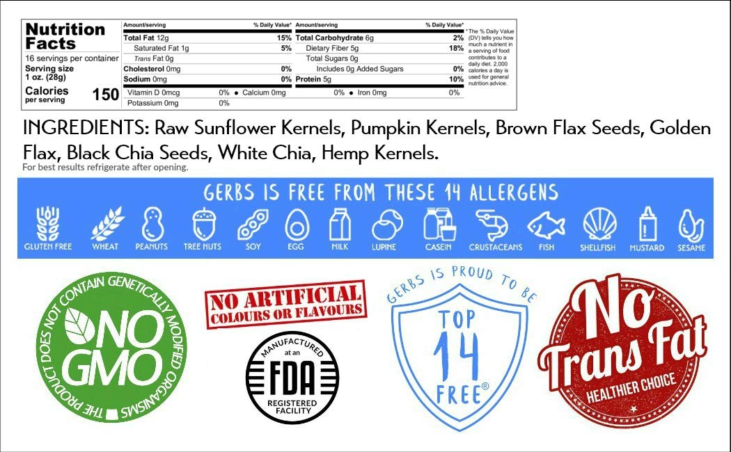 GERBS Raw Super 7 Seed Snack Trail Mix, Gluten Free, 16 Ounce Resealable Bag, Top 14 Allergen Free, Made in USA