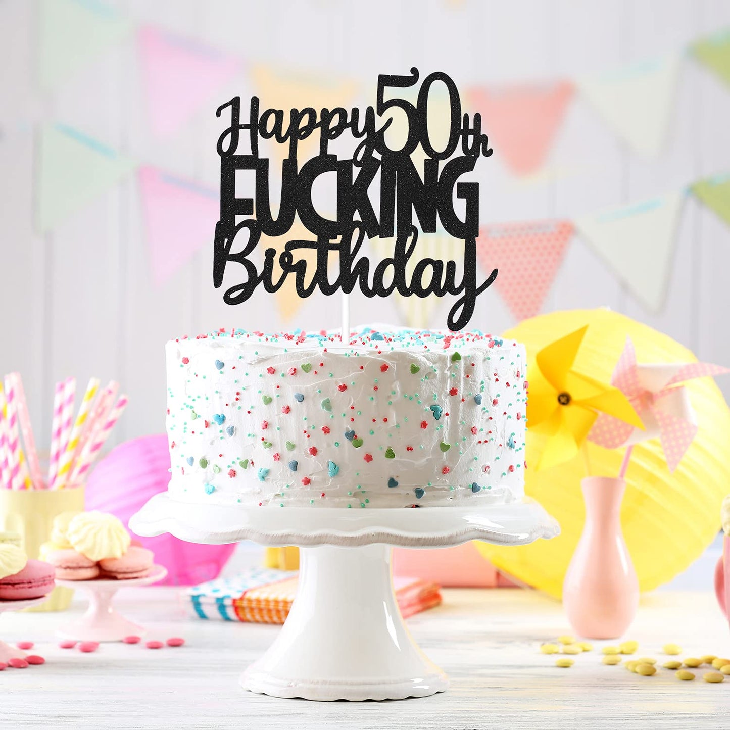 Caiwowo Happy 50th Birthday Cake Topper - Black Glitter Party Decoration