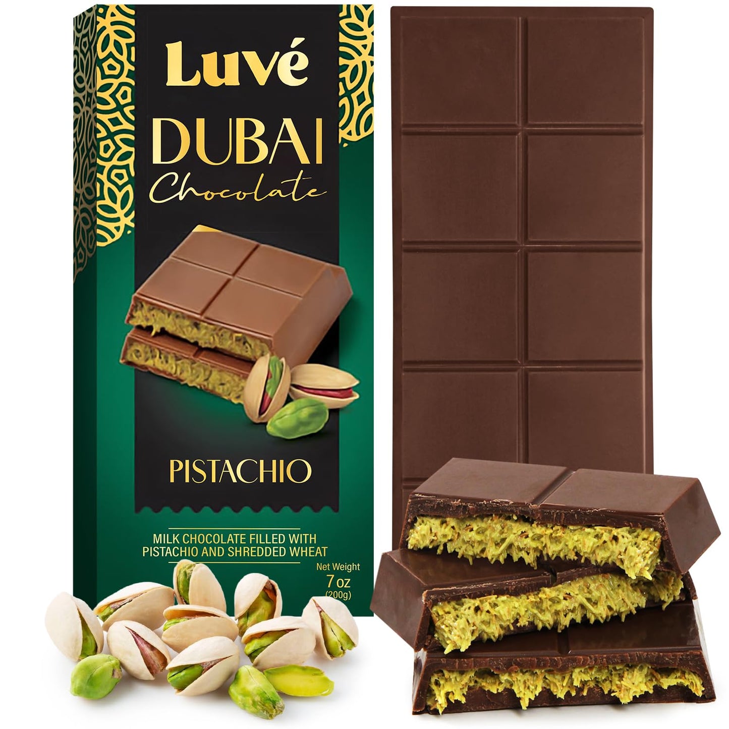 Dubai Chocolate Bar, 7Oz Pack Of Kunafa Pistachio Chocolate Bar, Perfect Chocolate Gift For Birthdays Or Corporate Gifting, Enhanced Flavor Crafted For Chocolate Lovers