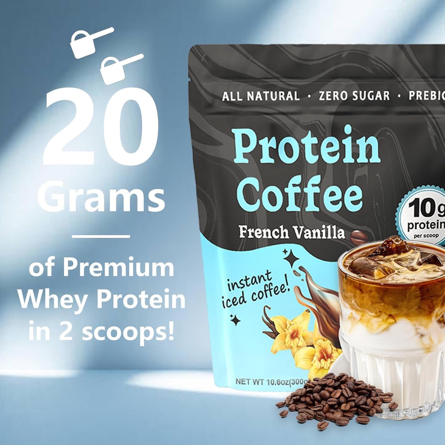 French Vanilla Protein Iced Coffee | Cold Brew with Whey Protein and Natural Vanilla Flavor | Low Carb  No Added Sugar  No Artificial Sweeteners or Flavors | 20 Servings (1pc)