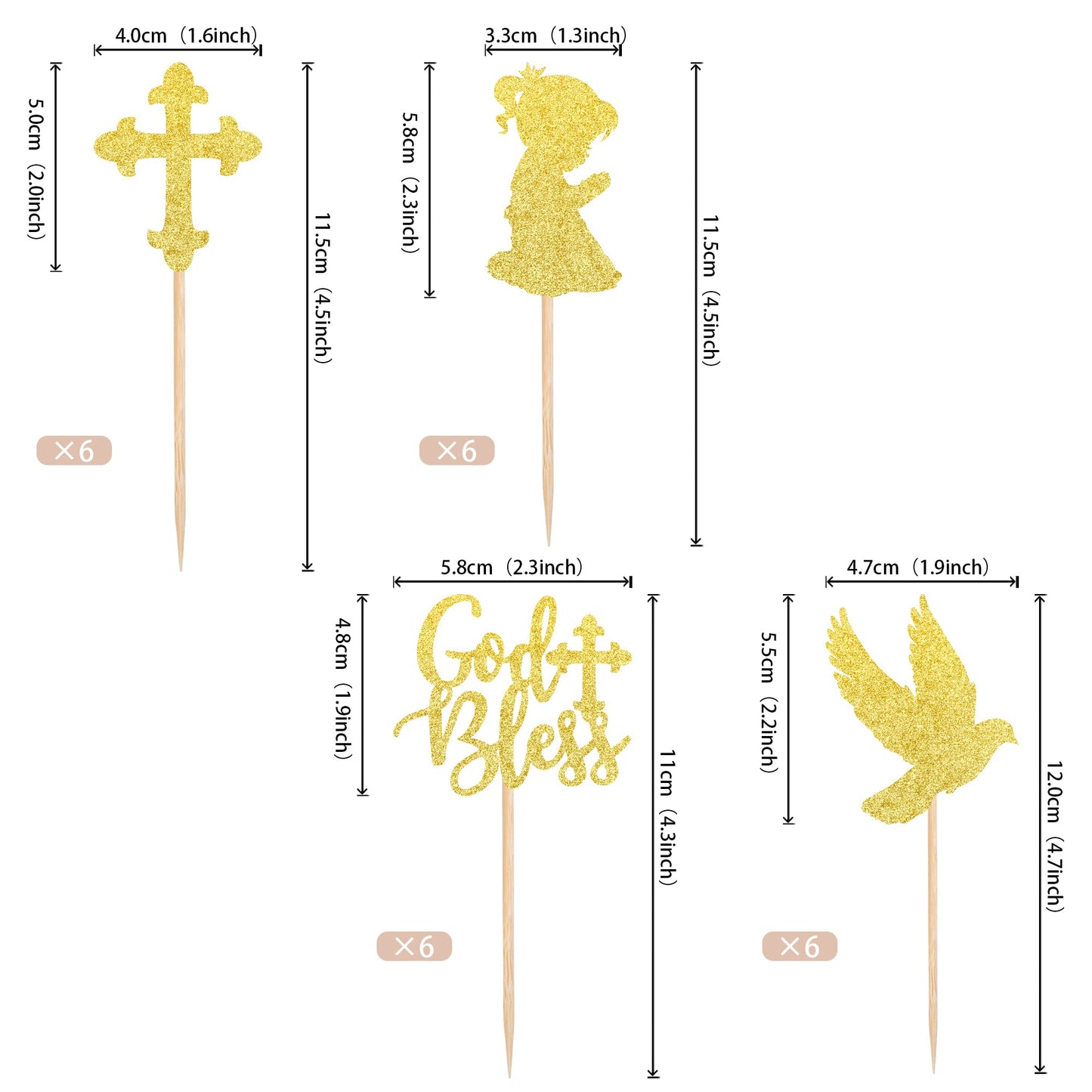ZHUOWEISM Cupcake Toppers 24 PCS Gold Glitter Dove Baptism Picks Small Bamboo Design 1
