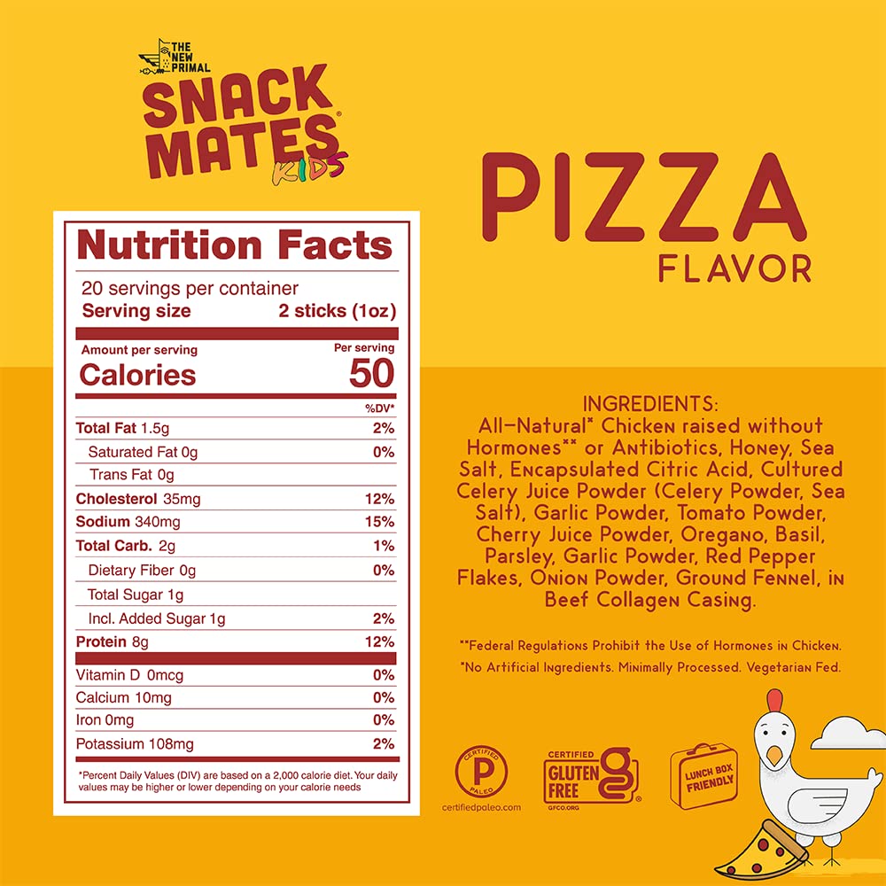 The New Primal Snack Mates Pizza Chicken Sticks, Gluten Free Healthy Snacks For Kids, Low Sugar High Protein Back To School Snac