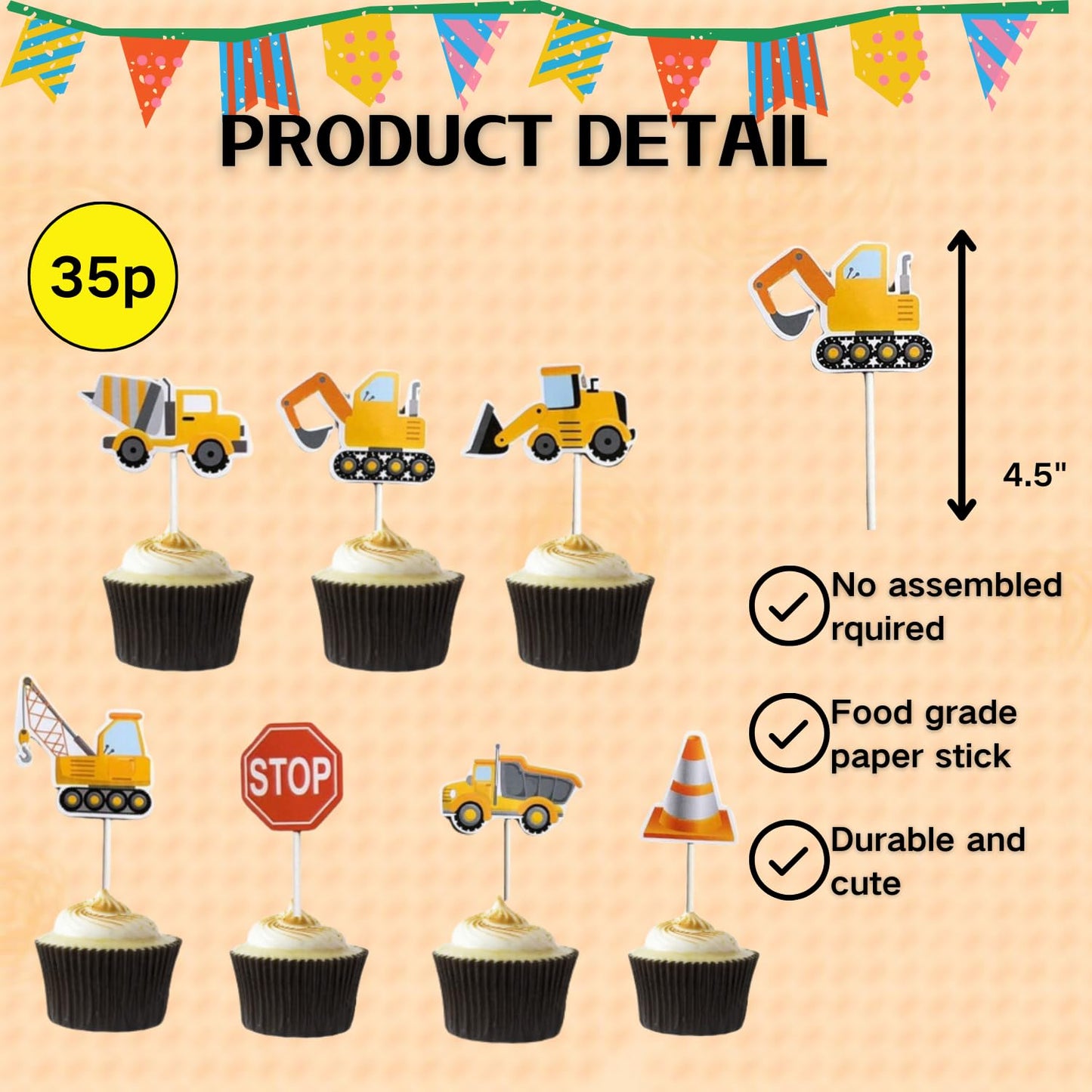 35-Pack Construction Cupcake Toppers Picks, Dump Truck Excavator Tractor Party Cake Toppers For Kids Birthday Baby Shower Party Decorations Supplies.