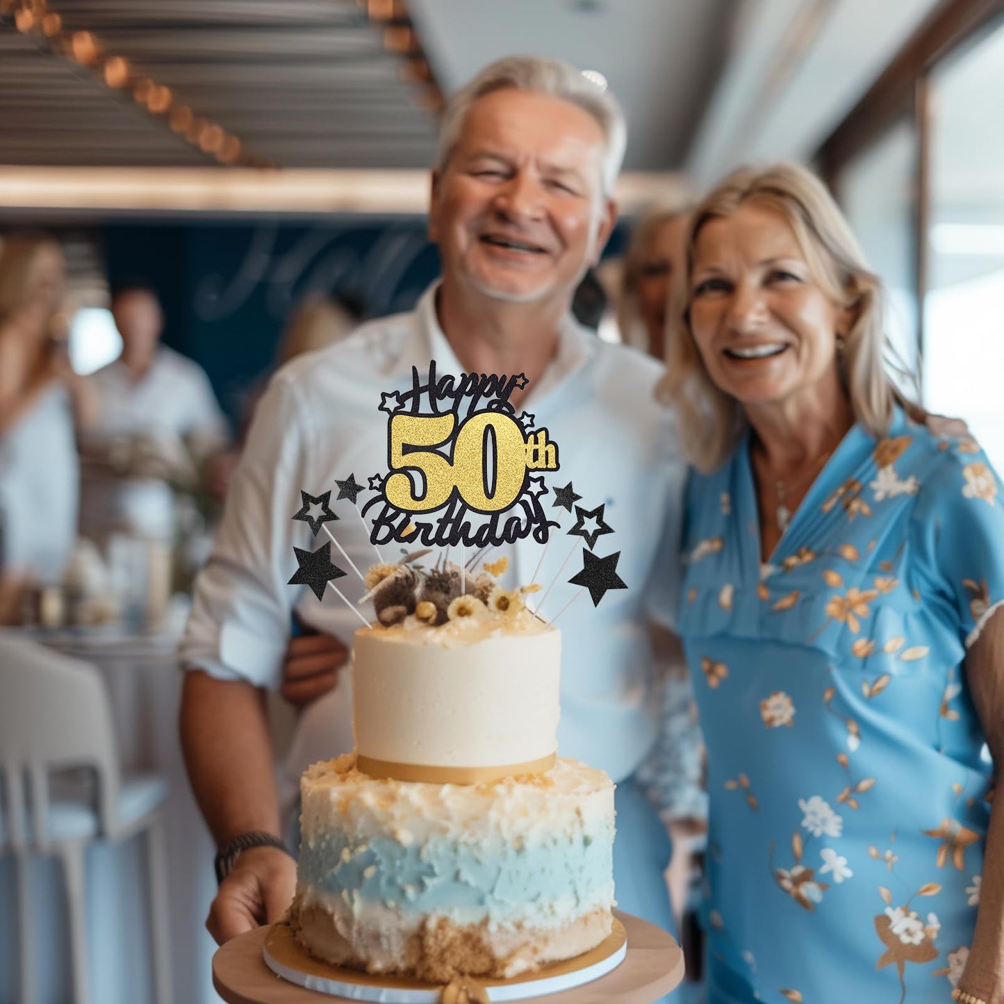 Happy 50Th Birthday Cake Topper, Black And Gold Glitter Cake Toppers, 50 Year Birthday Party Cake Decoration