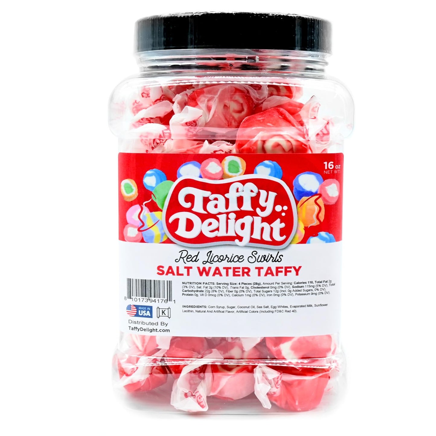 Taffy Delight Salt Water Taffy (16oz, Red Licorice Swirls)