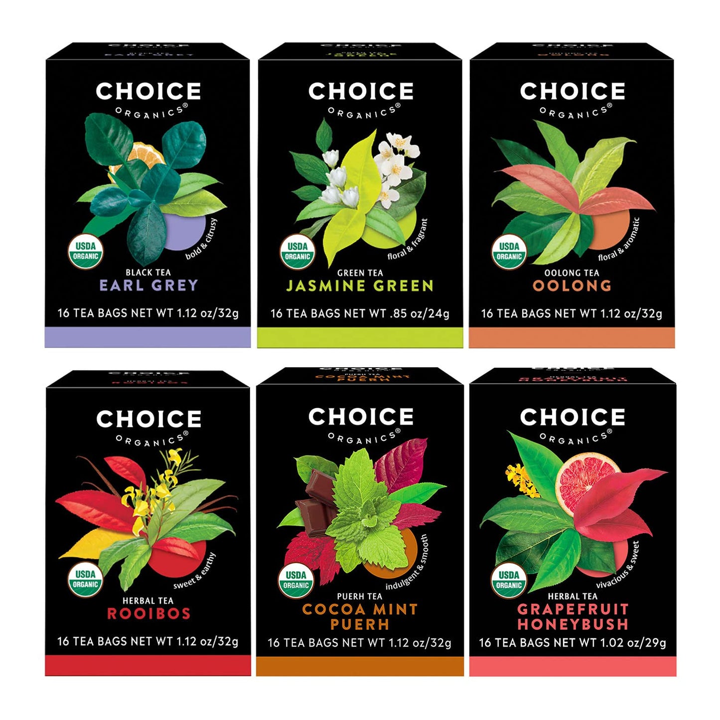 Choice Organics - Favorites Variety Pack Sampler (6 Pack) - Includes Earl Grey, Jasmine Green, Oolong, Rooibos, Cocoa Mint Puerh