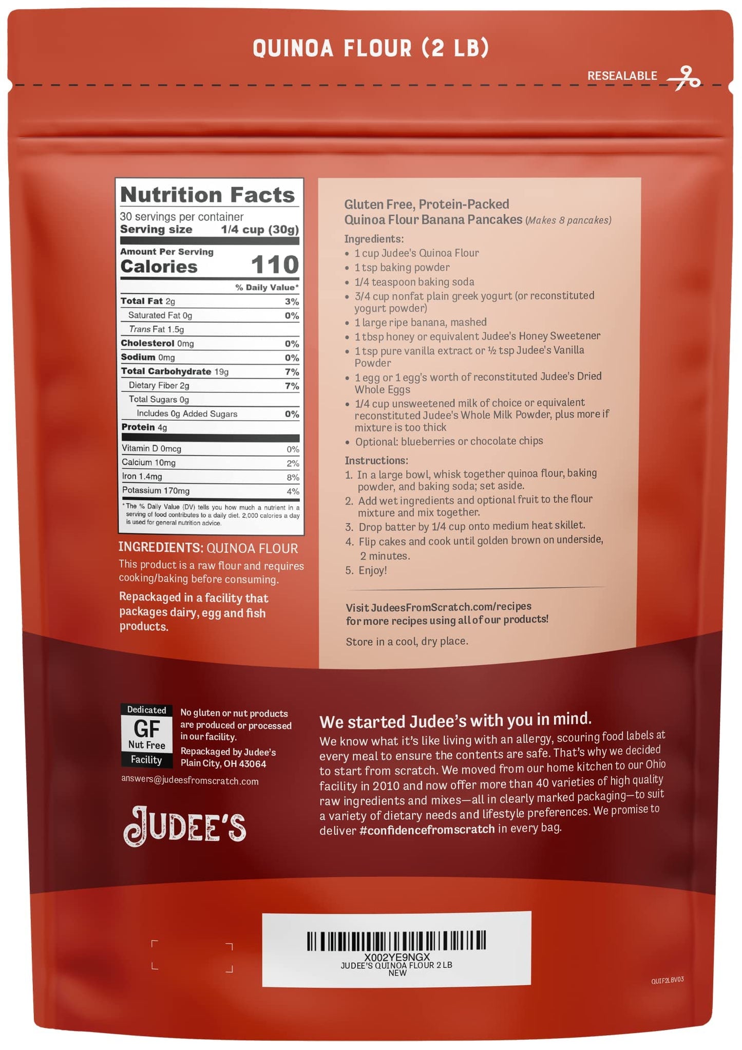 Judee'S Quinoa Flour 2 Lb - Made In Usa, Non-Gmo, Vegan - Great For Making Pancakes, Muffins, Pie Crusts, Quiches, And Breads -