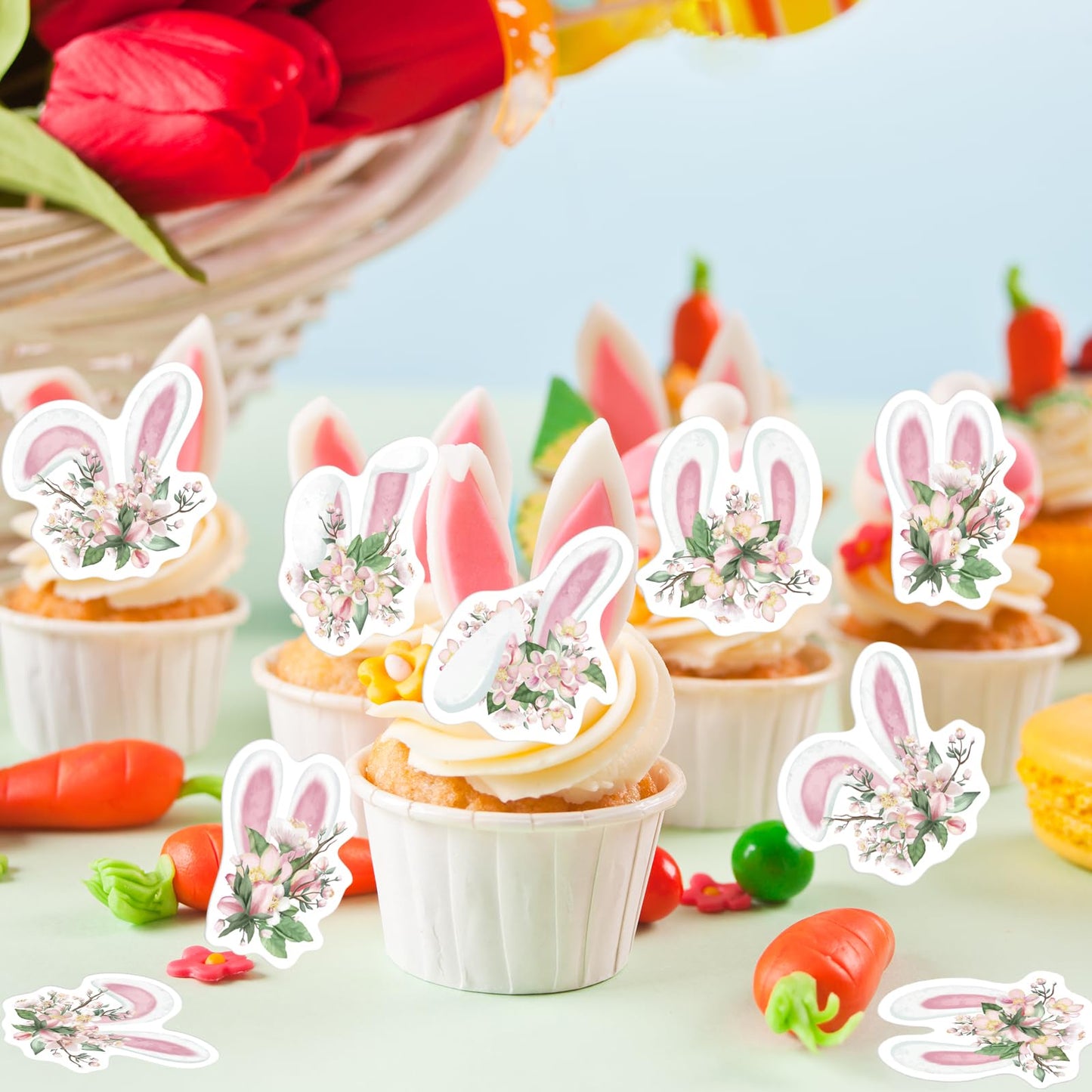 33Pcs Edible Floral Easter Bunny Ear Cupcake Toppers Edible Pink White Rabbit Ears Cupcake Picks Wafer Paper Easter Day Cake Top